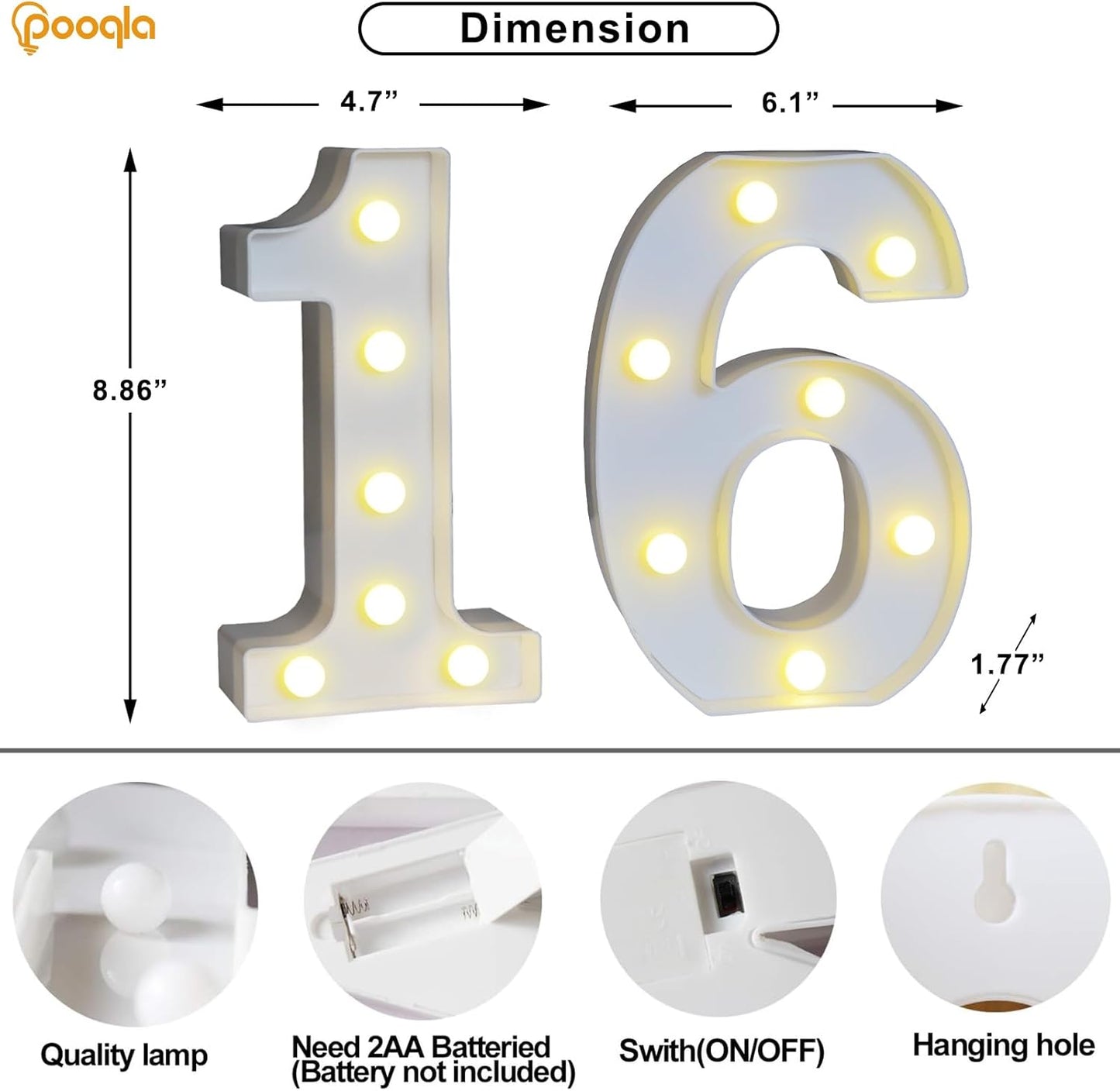 Pooqla 16th Birthday Decorations for Girls Boys, 35 Colors LED Light Up Numbers with Remote, Color Chaning Marquee Numbers Gift for Sweet 16 Party Decoration Wedding Anniversary Decor, Number 16