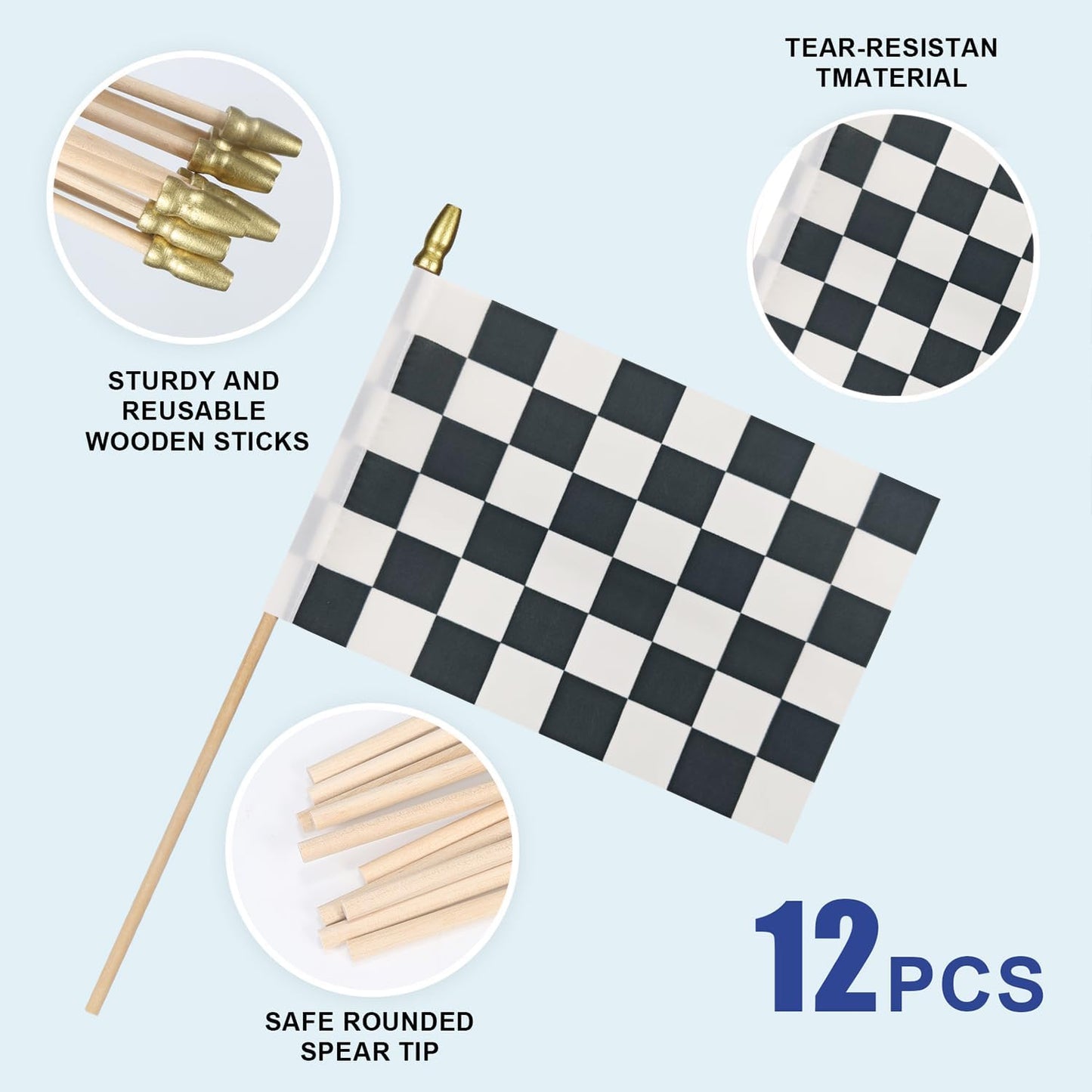 12Pcs Small Checkered Black and White Racing Flags on Wooden Stick Mini Race Car Flag Hand Held Flag Decorations,5x8 Inch