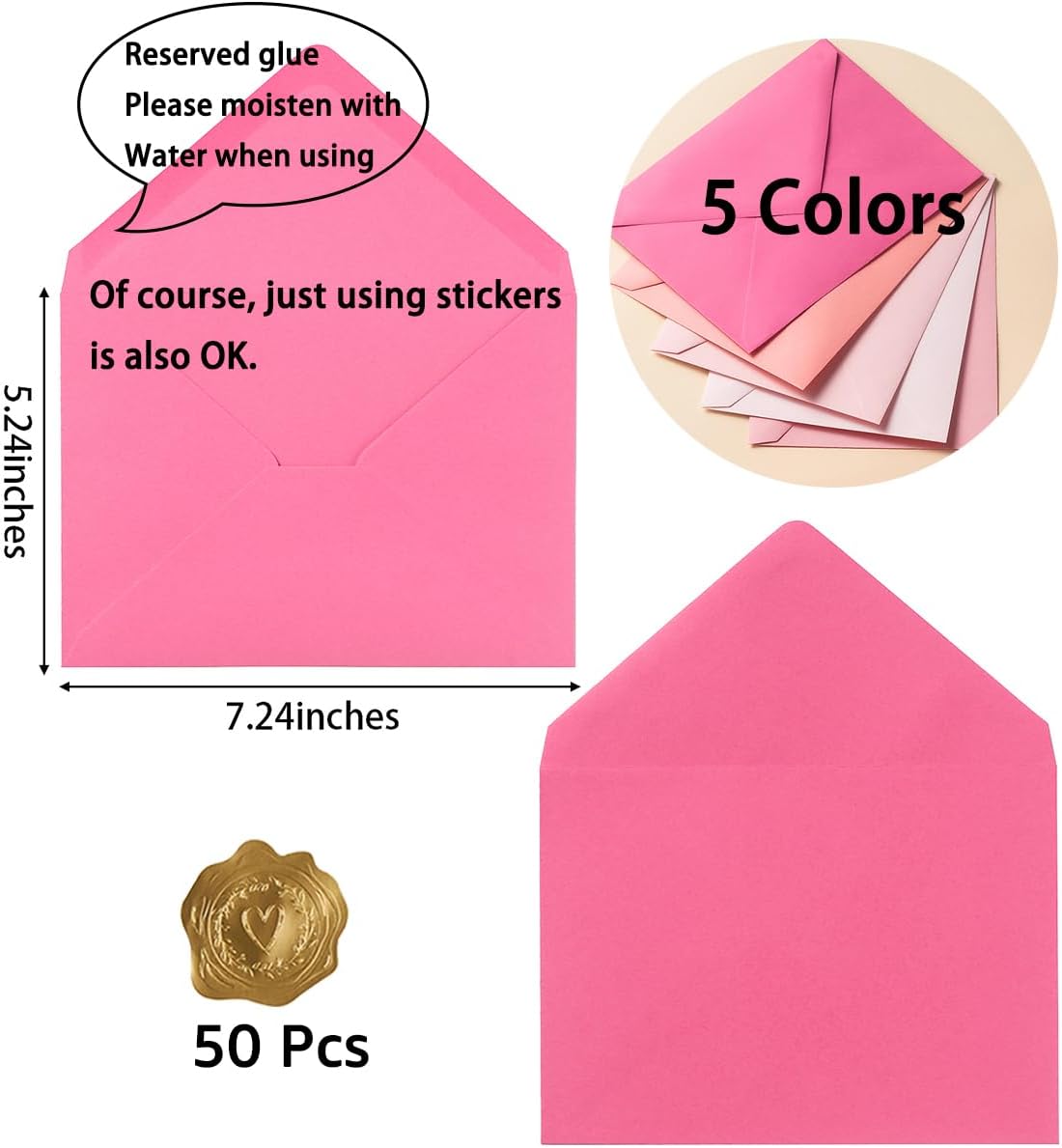50 Pack Colored A7 Invitation Envelopes 5x7 with Gold Stickers for Cards and Invitations, 5 Colors (Pink, 5 1/4 x 7 1/4 inches)
