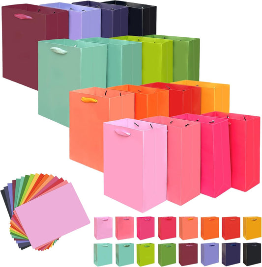 Gcardist 16 Colors Gift Bags with Tissue Paper for Wedding, Birthday, Party Supplies-7.9"x4.3"x9.6" Light Color Series Medium Size Cardboard Gift Bags （16pcs Bags +32pcs Tissue Paper ）