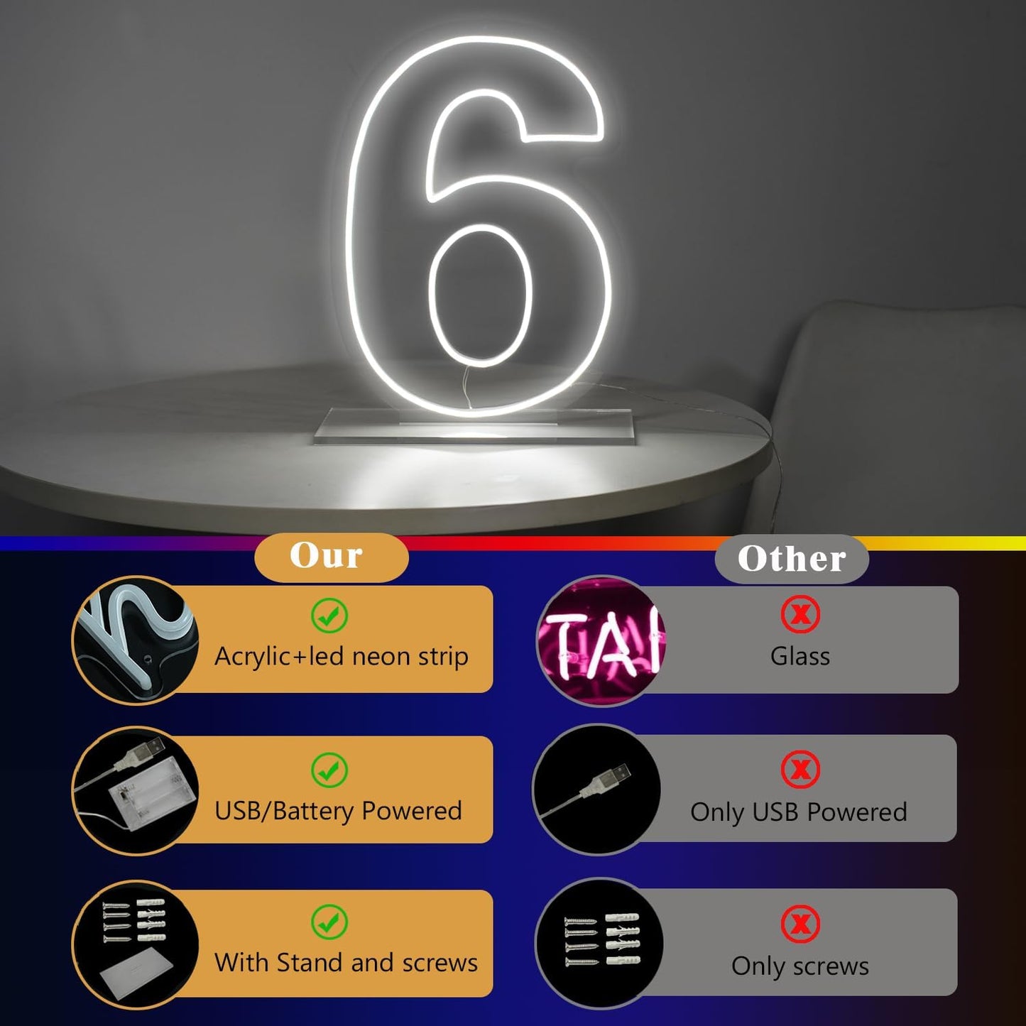 Number 6 Neon Sign for Birthday, 16.54" Cool White USB Battery Powered Led Neon Sign for Party Wedding Anniversary Decor Light Sign (Number 6)