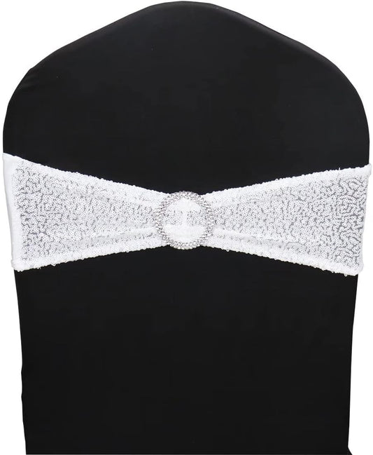 50 Pcs Chair Sashes Sequin Stretch Chair Bands Spandex Polyester Bows for Party Hotel Wedding Banquets Decoration - White