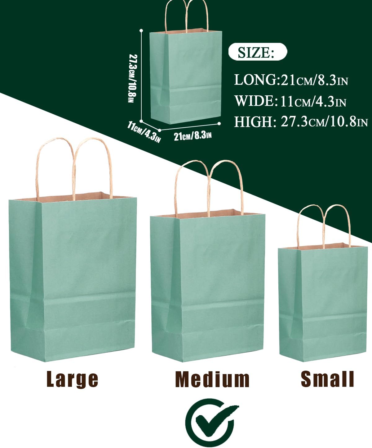 qiqee 50-Packs Kraft Light Blue Paper Gift Bags with Handles Bulk 11"x8.3"x4.3" Medium Size Paper Bags Multiple Uses