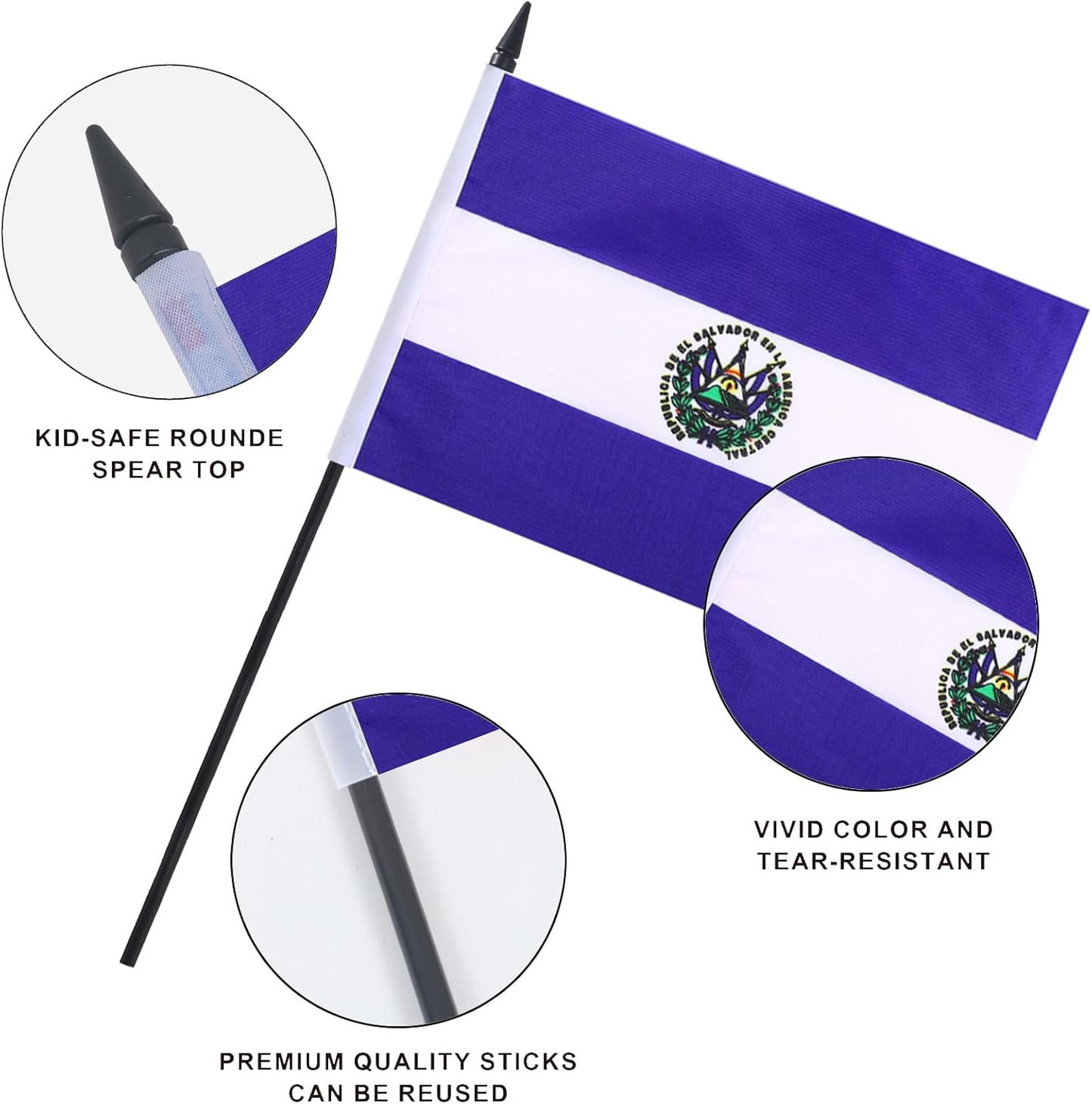 El Salvador Desk Flag 12" Solid Pole Deluxe Set Salvador Flags Banner Mini Small El Salvador Office Table Flags with Black Stand Base Desktop Decorations(2Pack)