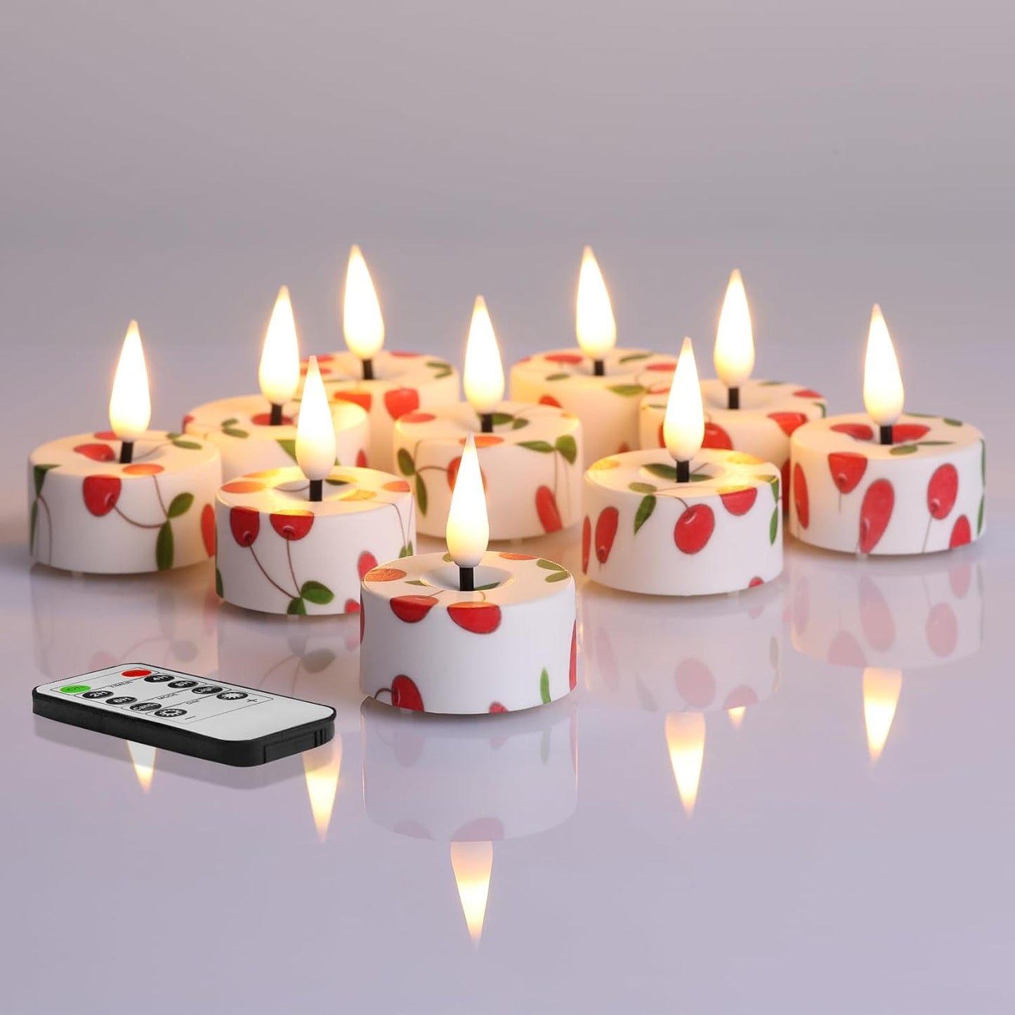 Eywamage Cherry Flameless Tealights with Remote Batteries, Flickering Plastic LED Tea Votive Candles Set of 12