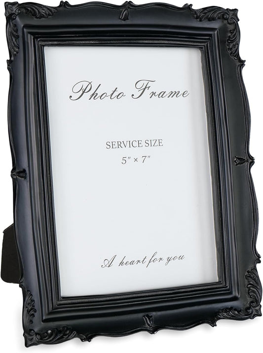 Cuspin Vintage 5x7 Picture Frame Black, Handmade Resin Frame with Carved Texture & Glass Front, Antique Retro Design for Tabletop Display or Wall Hanging, Black Photo Frames Home Decor