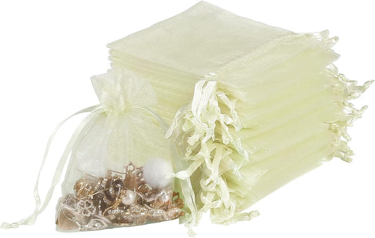 YQL Organza Bags 3x4,100PCS Ivory Drawstring Small Mesh Organza Bags for Jewelry Pouches Wedding Party Valentine Gift Candy