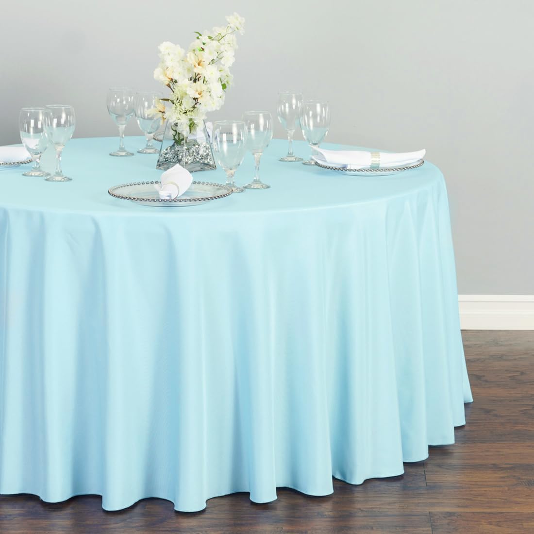 LTC LINENS 10 Pack 108 Inch Round Tablecloths Baby Blue - Bulk for 48 Inch Round Table Floor Length - Wrinkle Resistant Polyester Fabric Cloth for Wedding, Baby Shower
