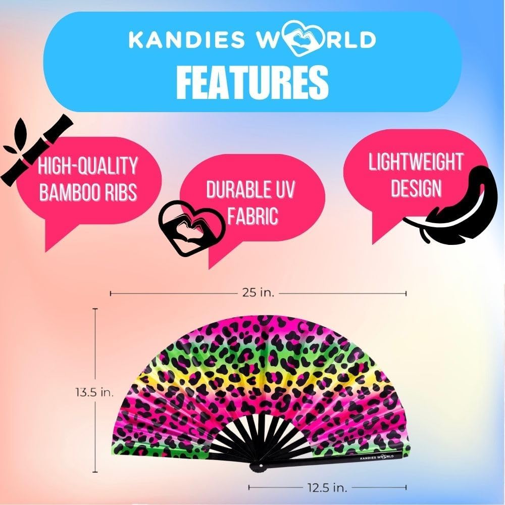 Kandies World UV Reactive Custom Festival Folding Hand Fan - Unique Designs, Made of Bamboo, Clacking Sound, Lightweight - Perfect Rave and Festival Accessory!