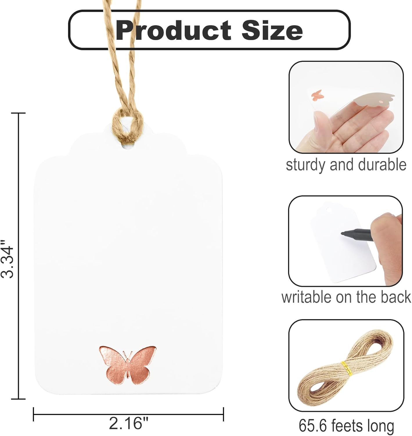 100Pcs Blank Gift Tags with String, Foil Rose Gold Butterfly Large Gift Tags with 65 Ft Jute Twine Cute Tags White Paper Gift Tag for Birthday Baby Shower Wedding Spring Summer Gift Wrap Tag