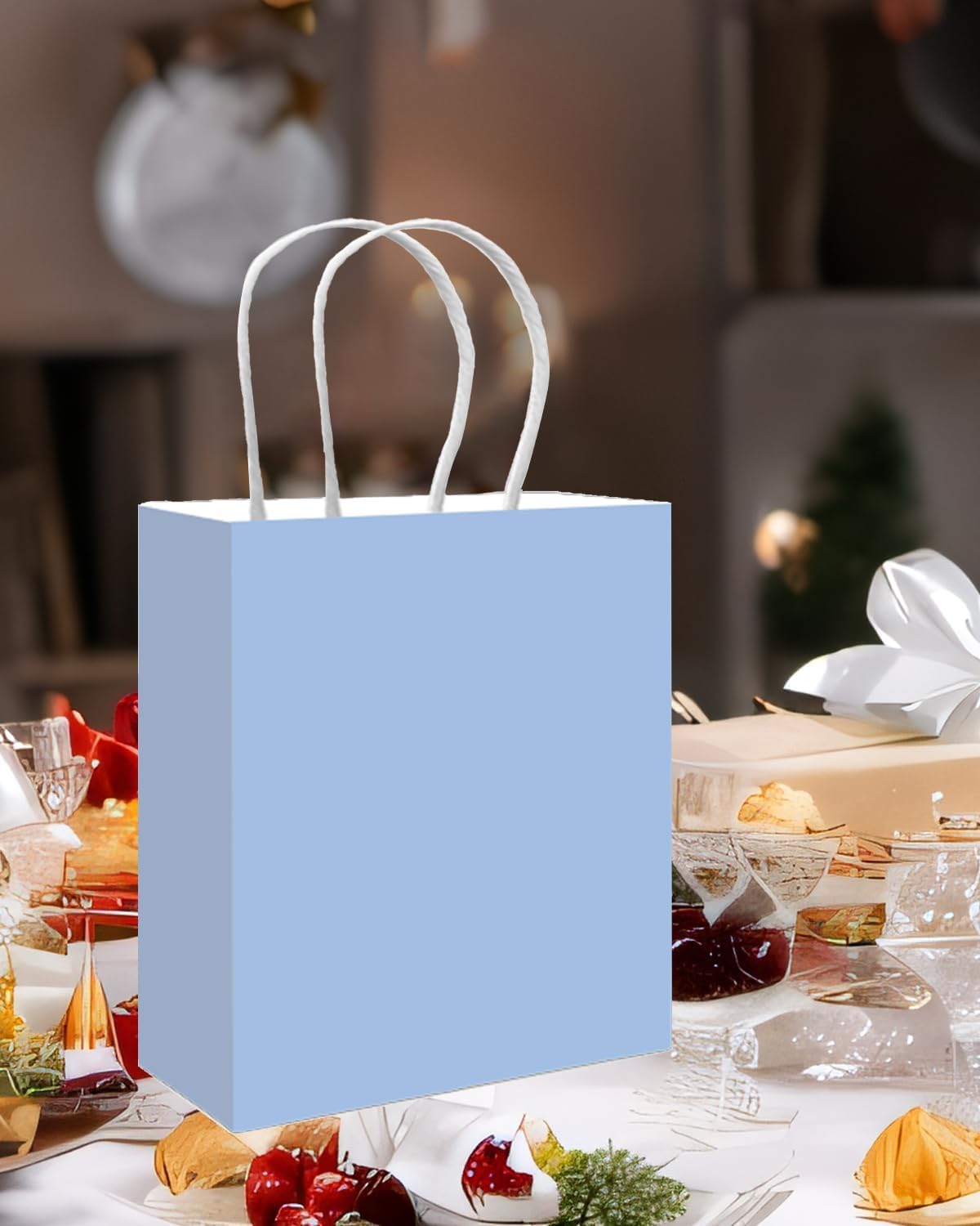 qiqee 50-Packs Light Blue Paper Gift Bags with Handles Bulk 13"x10.3"x4.6" Large Size Party Favor Bags Multiple Uses