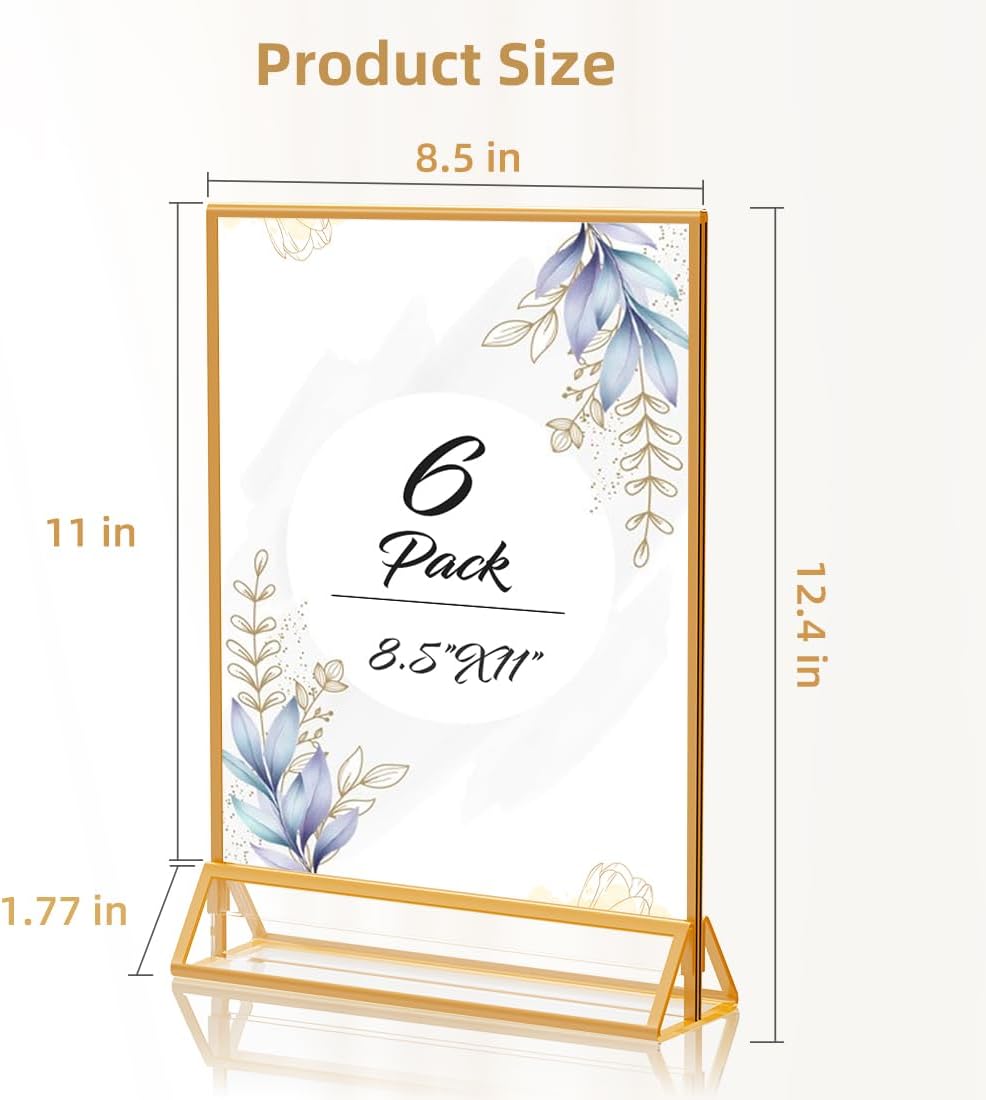 Acrylic Sign Holder 8.5X11 Gold Picture Frame Double Sided Acrylic Frame Plastic Sign Holder Display Stand for Wedding Table Numbers Menu Holder (6 Pack)