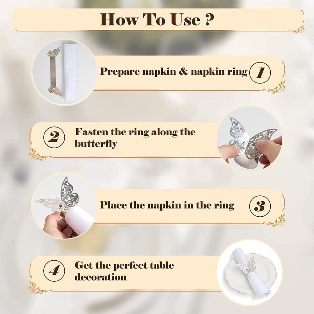 100 Pcs Napkin Rings Laser Cut Butterfly Shape Foil Paper Napkin Holder for Weddings Party Serviette Table Decoration Restaurant (Silver)