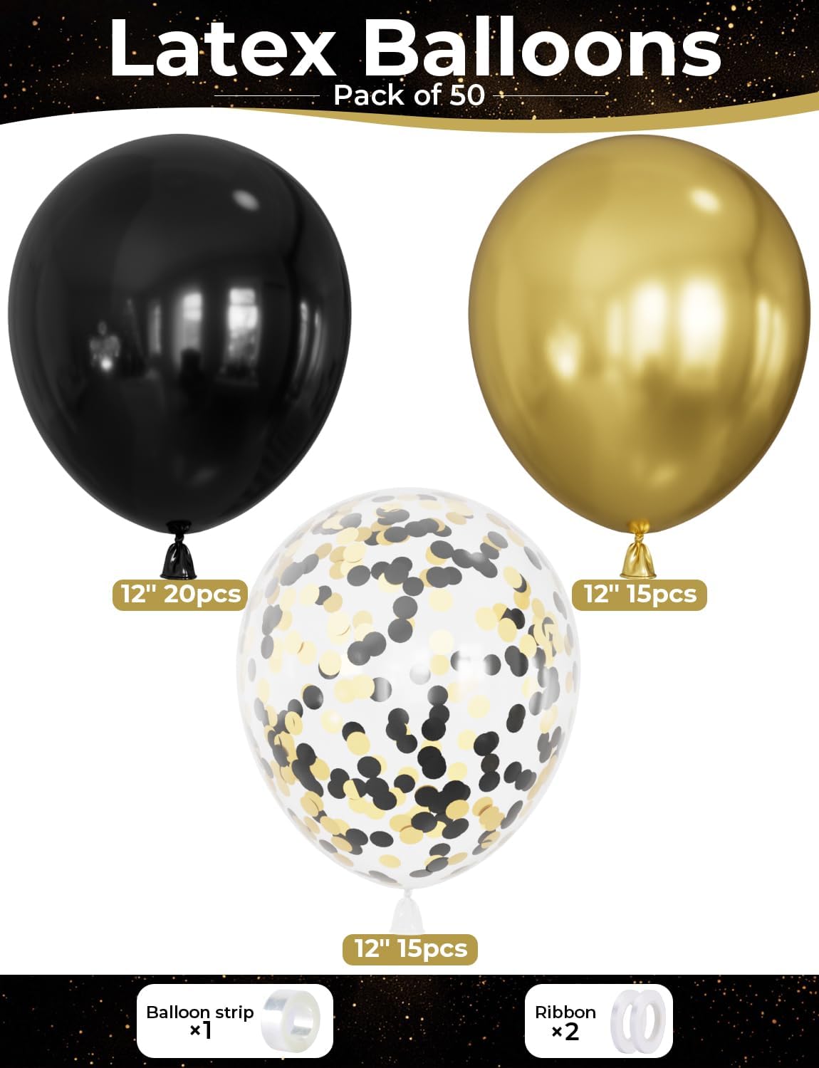 Black and Gold Balloons - 50PCS 12 Inch Metallic Gold Balloons Confetti Balloon Thickened Latex Balloon for Birthday Retirement Anniversary Wedding Party Decorations Supplies