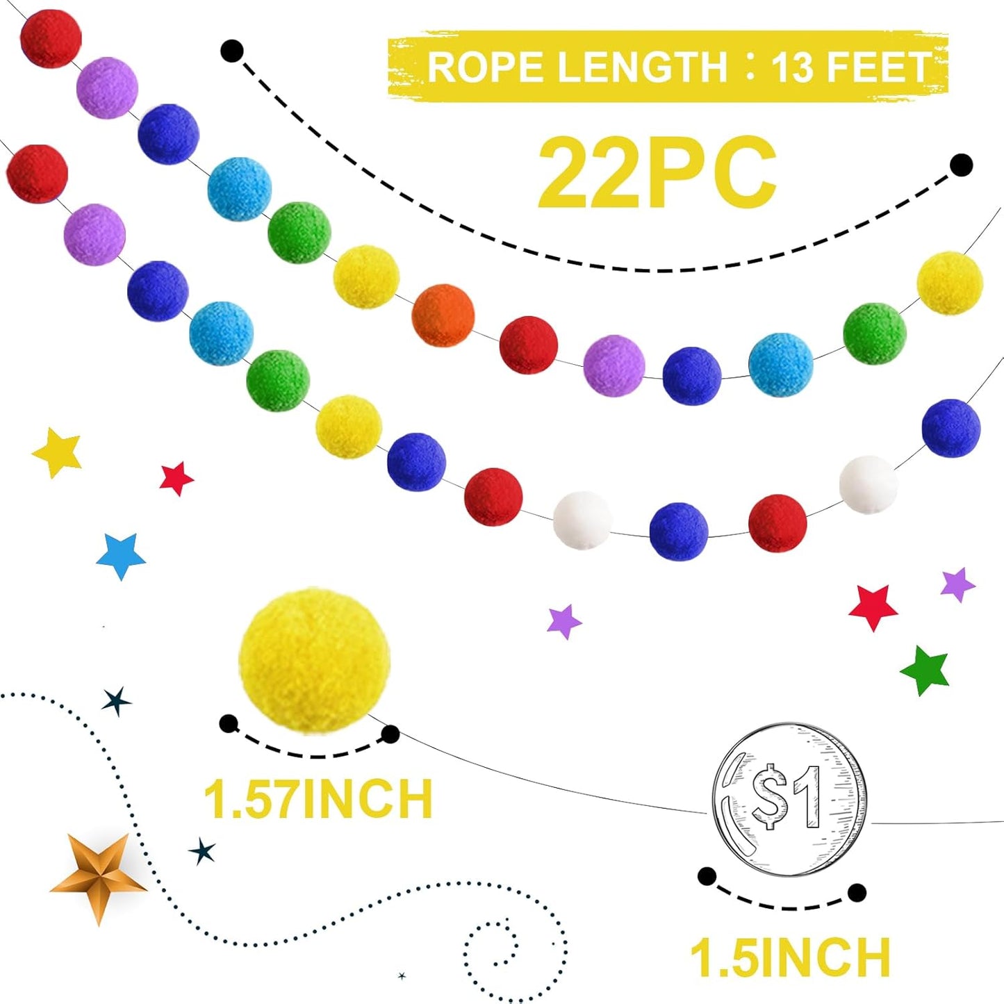 TBD Decor 2pk Rainbow Color Pom Pom Garland 13FT Colorful Large Felt Ball Garland for Mantle,Indoor Holiday Wedding Birthday Party Supplies