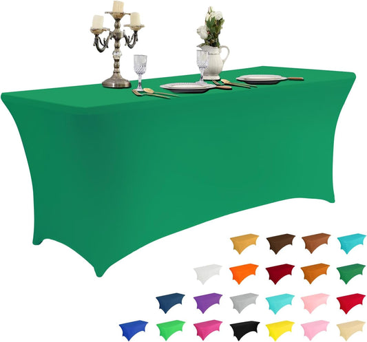 IVAPUPU 1 Pack 8FT Table Cloth for Rectangular Fitted Events Stretch Emerald Green Table Covers Washable Cover Spandex Tablecloth Protector for Party, Wedding, Cocktail, Banquet, Festival