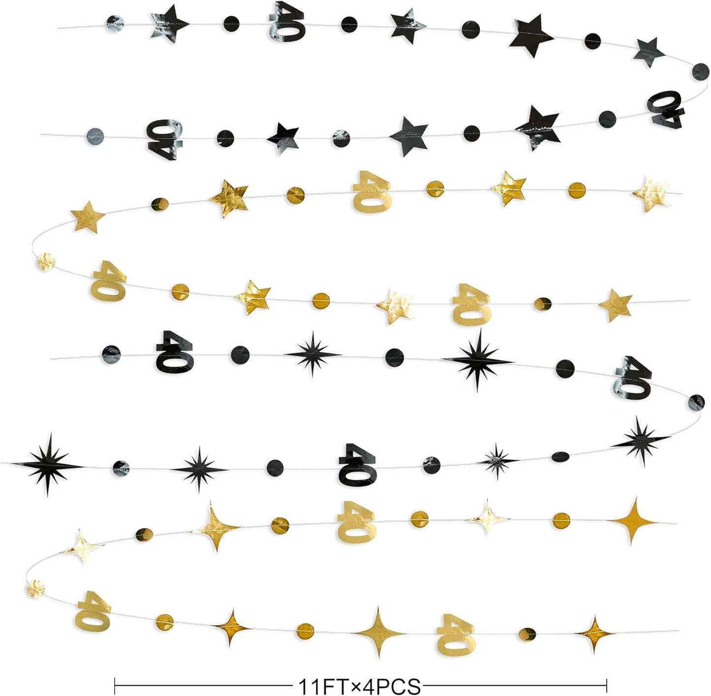 Black Gold 40th Birthday Decorations Number 40 Circle Dot Twinkle Star Garland Streamer Bunting Banner Backdrop for Women Mens Cheers to 40 Years Old Birthday Happy 40th Anniversary Party Supplies