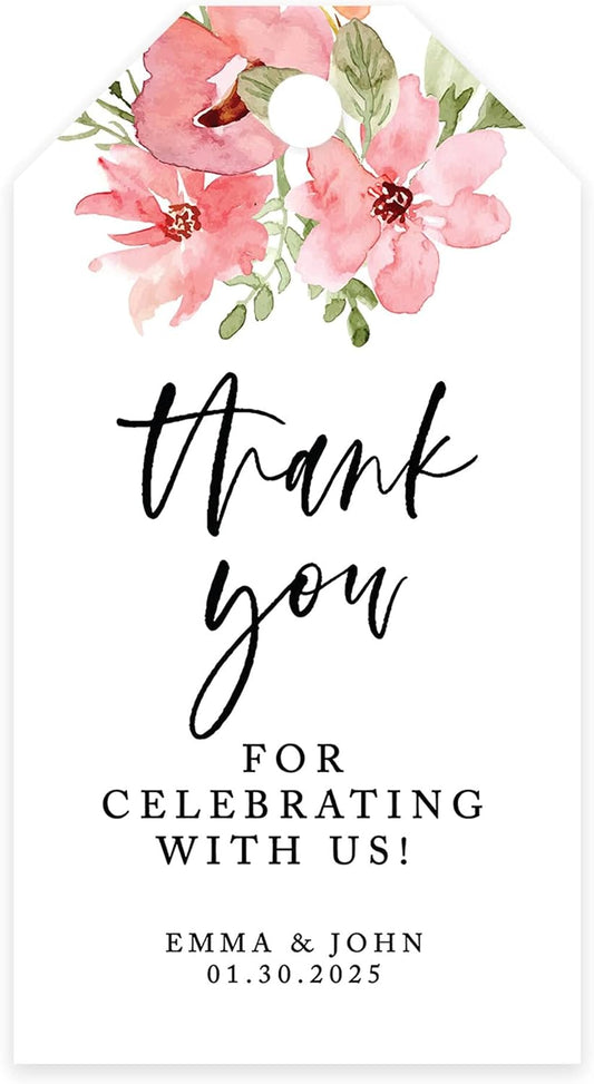 Andaz Press 100-Pack Personalized Thank You for Celebrating with Us Wedding Favor Tags with Bakers Twine Coral Watercolor Florals Custom Cardstock Wedding Gift Tags for Party Favors 2 x 3.75-Inches