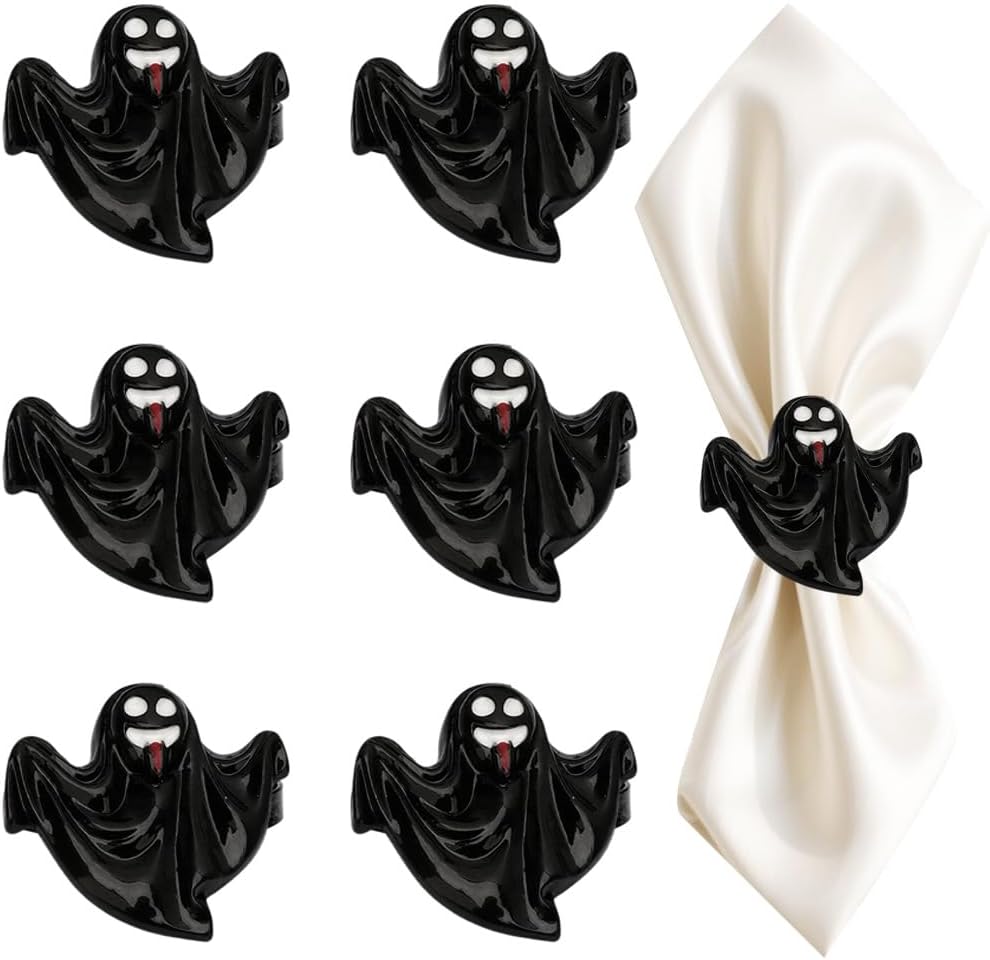 Ghost Napkin Rings Set of 6, Halloween Party Napkin Holder Buckles, Thanksgiving Christmas Napkin Rings (Black, One Size)