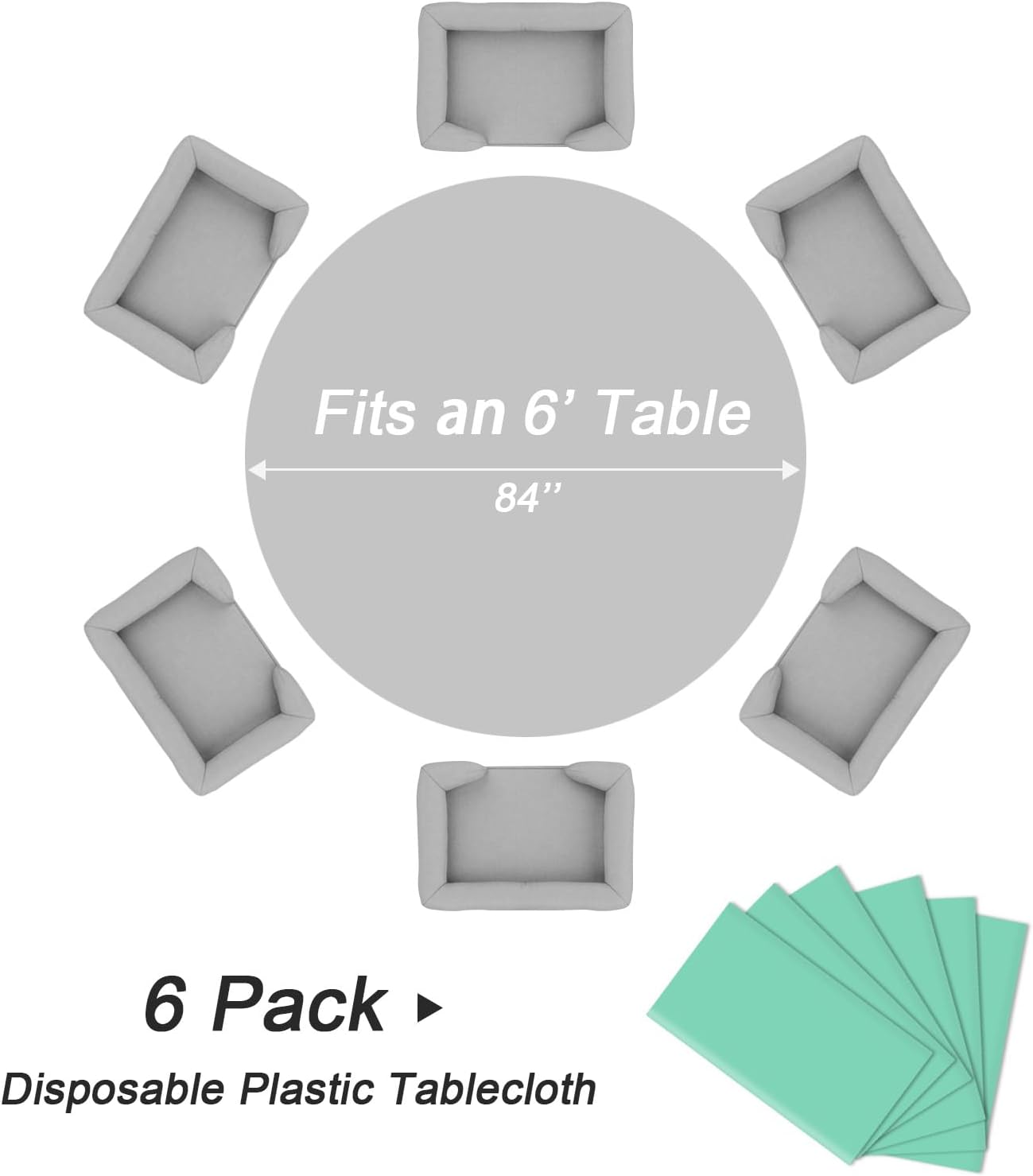 QIKSION Fresh Mint Round Tablecloth 6 Pack, 84 Inch Plastic Table Cover Disposable for Parties