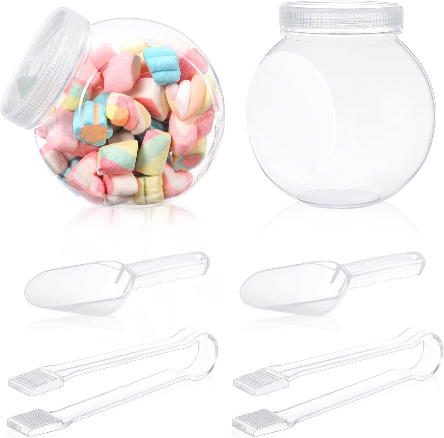 Sunnyray 2 Sets 51 oz Plastic Candy Jars for Candy Buffet with Lids Clear Bar Jars with Scoops and Tongs Kitchen Office Party Cookie Storage Containers for Dry Food Snacks Candies Cookies Coffee Pods