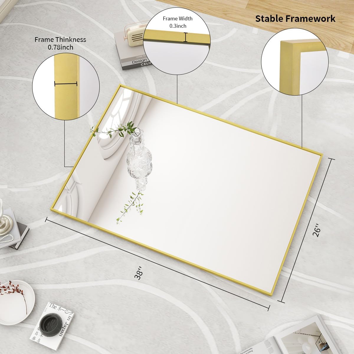 BEAUTYPEAK Wall Mirror 26" x 38" Rectangle Mirror with Aluminum Alloy Frame Hanging Mirror, Gold