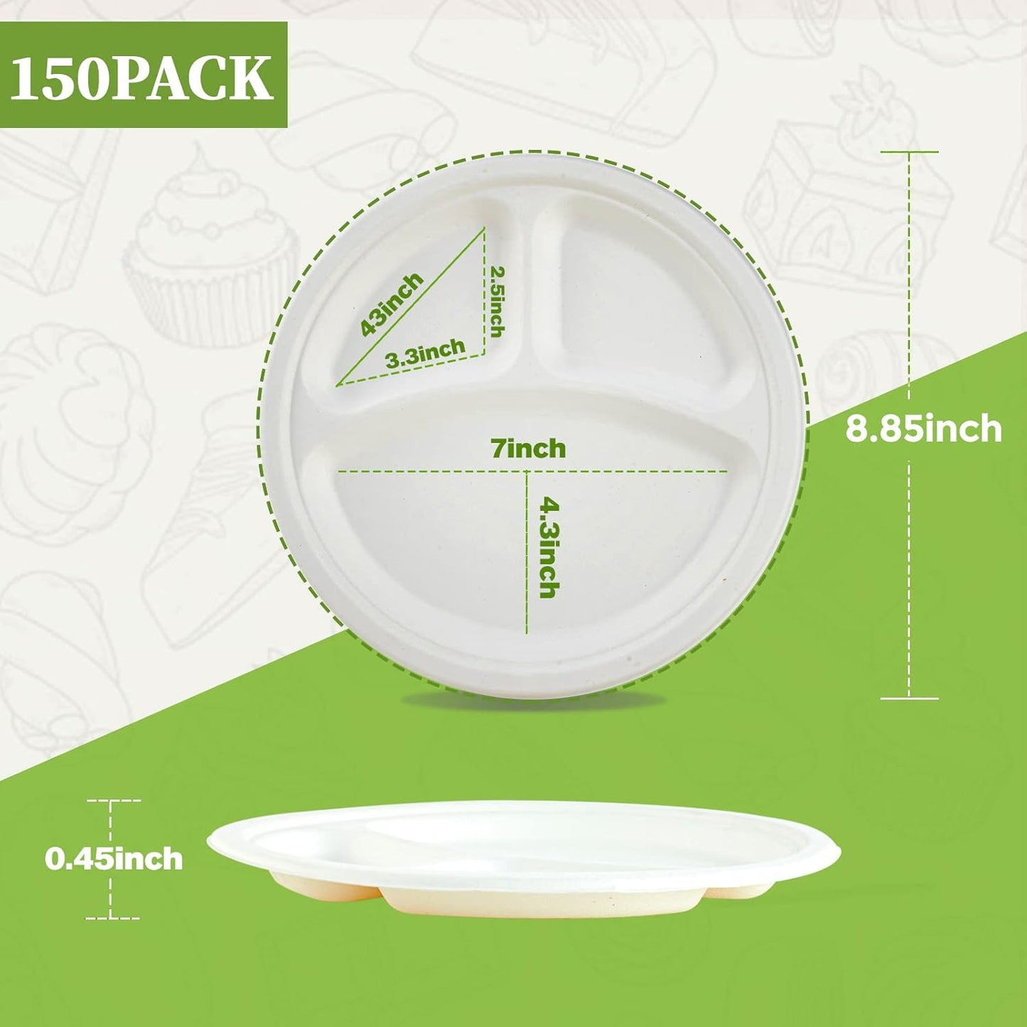 ECOLipak 150 Pack Compostable 3 Compartment Plates, Heavy-Duty Disposable Biodegradable Paper Plates, 8.85 inch Eco-Friendly Sugarcane Bagasse Divided Plates for Dinner