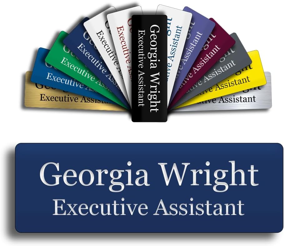 Custom Engraved Name Tag 1" x 3" Personalized Badge Magnetic or Pin Backing Made in The USA by Gem Awards (Navy)