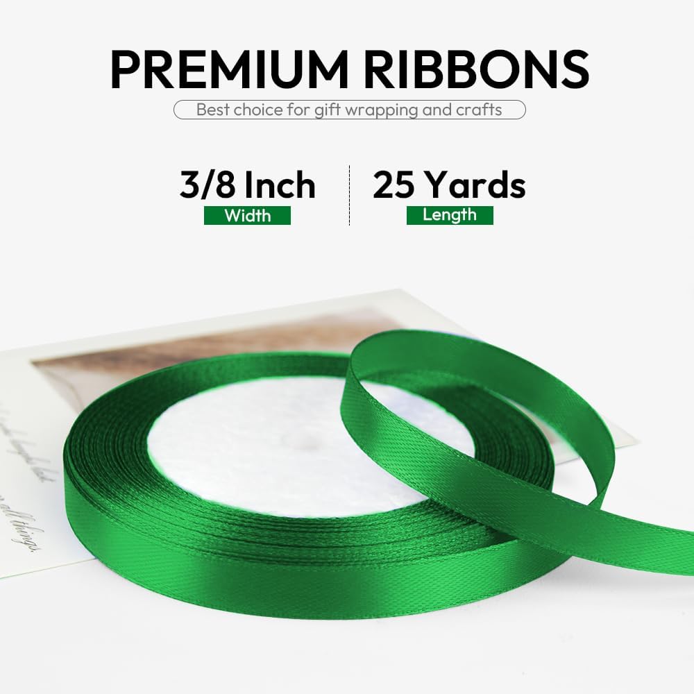 3/8 Inch 25 Yards Satin Ribbon Green, Solid Color Fabric Ribbon for Gift Wrapping, Wedding, Polyester Gift Ribbon for Birthday Party Decoration, Craft, Hair, Floral, Sewing