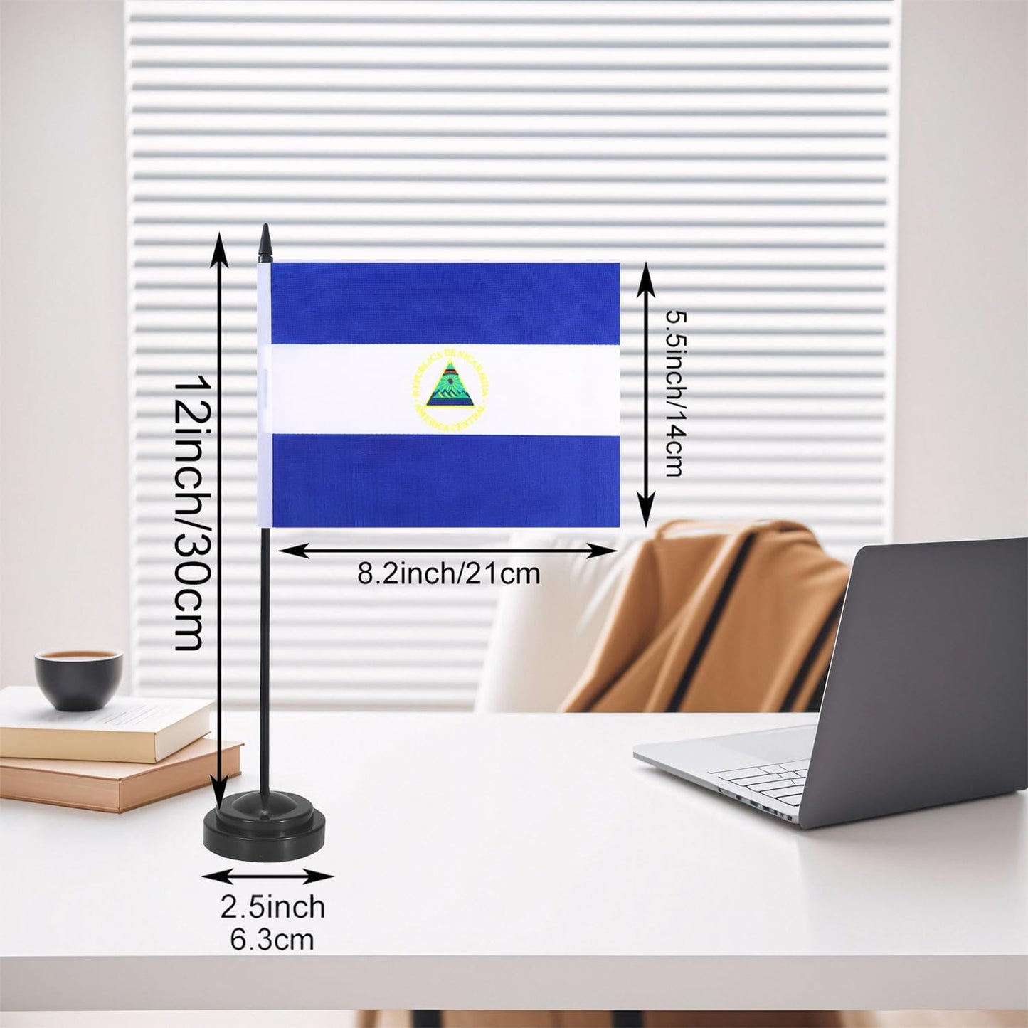 Nicaragua Desk Flag 12" Solid Pole Deluxe Set Nicaraguans Flags Banner Mini Small Nicaragua Office Table Flags with Black Stand Base Desktop Decorations(2Pack)