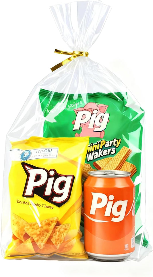 PigPotParty 12"x 16", 100Pcs Bottom Gusset Bags, Clear Plastic Cellophane Mug Treat Goodie Gift Bags with 100x Twist Ties, Large Party Favor Packaging, Toy Wrapping (No Side Gusset)