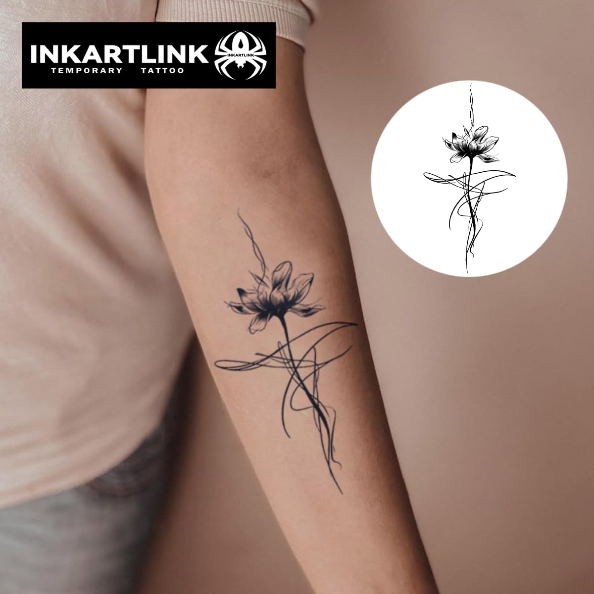 INKARTLINK Tattoo Tech, 2 Sheets Large Semi Permanent Tattoo, Adult Art Design Temporary Tattoos, Lasts 1-2 Weeks, Waterproof, Realistic Look, No Adhesive, No Reflection (Elegant Lotus Design)