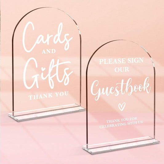 2 Pcs Acrylic Wedding Signs for Ceremony and Reception, Bridal Shower Decorations, Cards and Gifts Signs, Guest Book Sign, Arch Acrylic Table Top Sign with Holder for Wedding Reception (Clear)