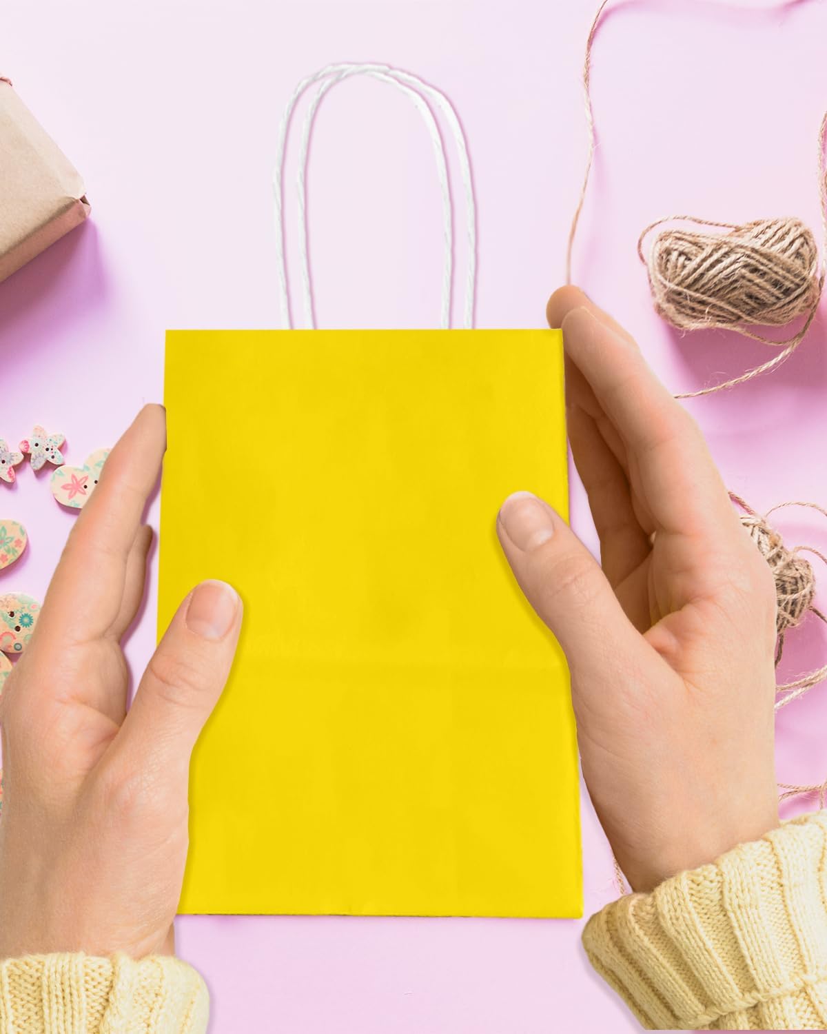 Bakepacker 100 Pcs Bright Yellow Mini Paper Gift Bags with Handles 6"x4.5"x2.5" Party Favor Bags Multiple Uses (Mini size)