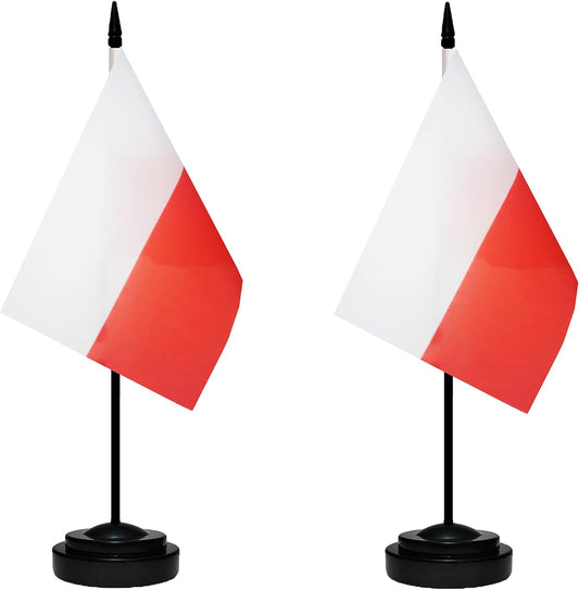 Poland Poles Deluxe Desk Flag Set Small Mini Miniature Poland Poles Table Desktop Flags With Solid Pole, Black Base and Spear Top (2 Pack)