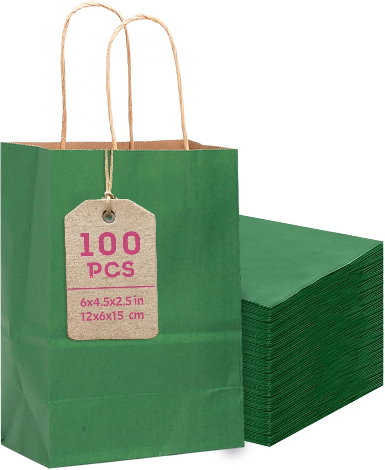 Bakepacker 100 Pcs Deep Green Mini Paper Gift Bags with Handles 6"x4.5"x2.5" Brown Kraft Party Favor Bags Multiple Uses (Mini size)