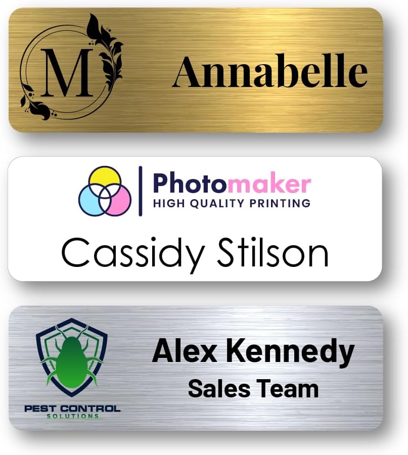 Custom Name Tags - Full Color Logo Name Tags - Scratch Resistant Metal Front & Hard Plastic Back (1.5 x 3 Inch, Gold)