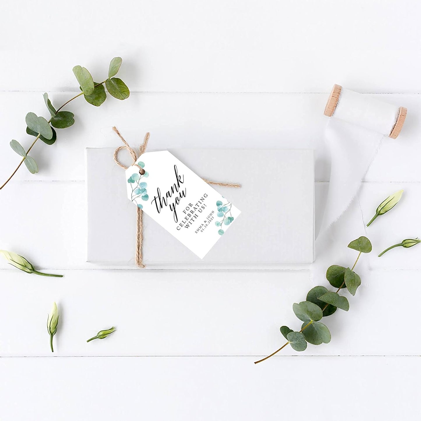 Andaz Press 100-Pack Personalized Thank You for Celebrating with Us Wedding Favor Tags with Bakers Twine Silver Dollar Eucalyptus Custom Cardstock Wedding Gift Tags for Party Favors 2 x 3.75-Inches
