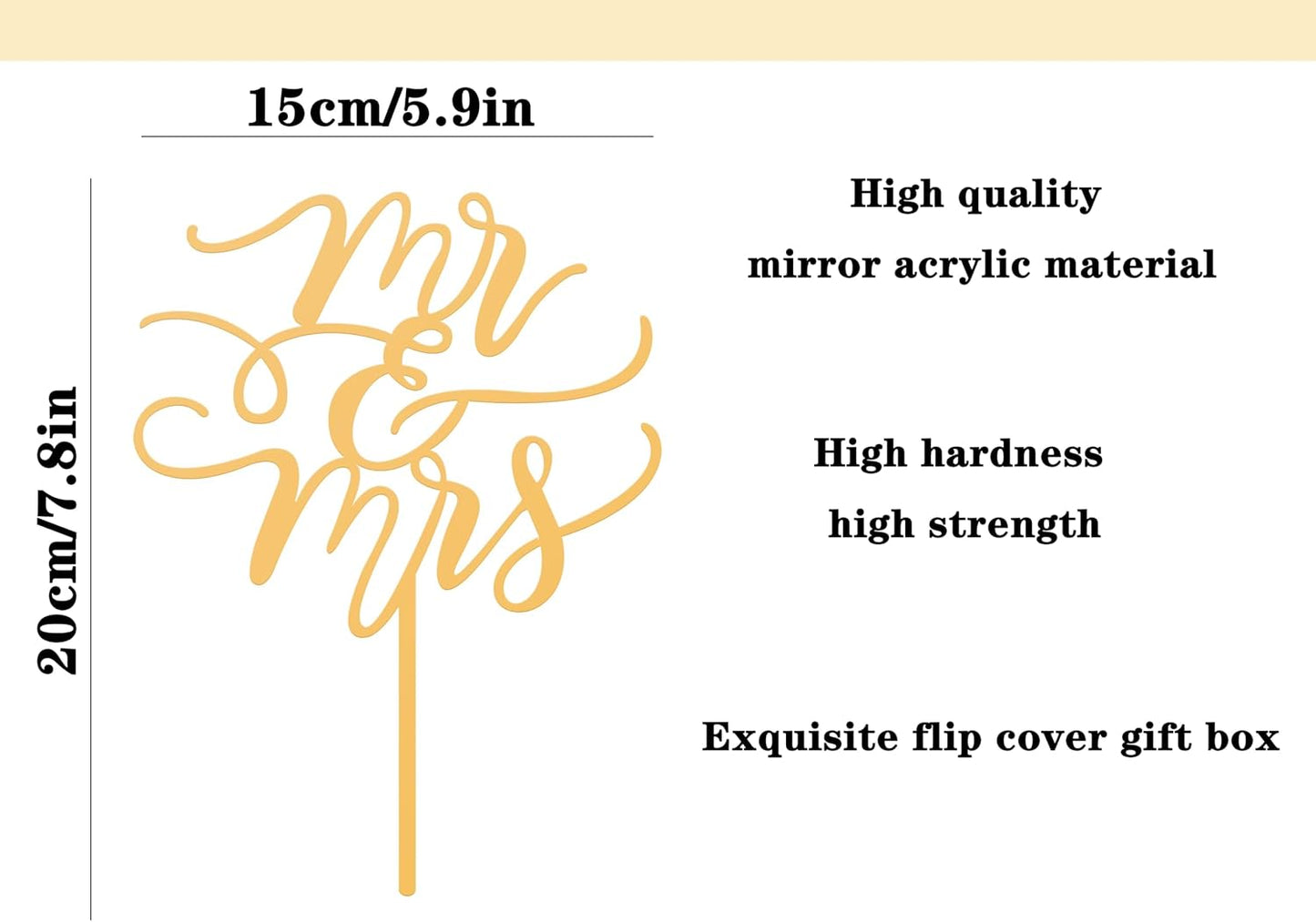 Mr and Mrs Cake Topper - Glitter Gold Acrylic Wedding Cake Decorations, Bride and Groom Cake Pick (Gold)