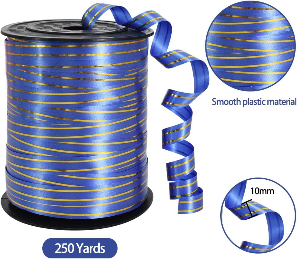 TONIFUL Curling Ribbon-Blue Gold Balloon Curling Ribbons-250 Yards Balloon String for DIY Decor,Gift Wrapping,Ribbons and Bows for Christmas New Year Birthday Gifts Graduation Supplies