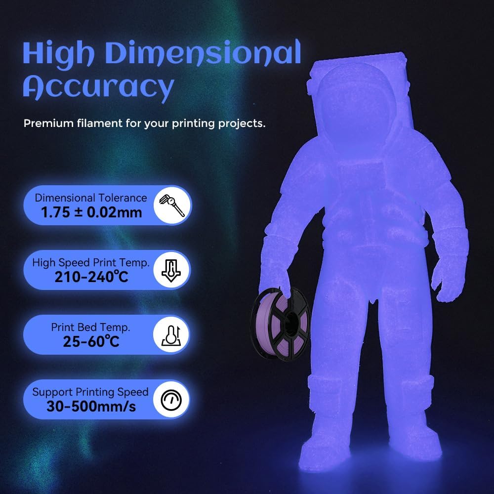 FLASHFORGE Glow in The Dark Rapid PLA Filament 1.75mm, High Flow Speedy 3D Printer Filament Luminous Purple, Max 500mm/s High-Speed Printing, High Brightness and Long-Lasting Glowing Effect
