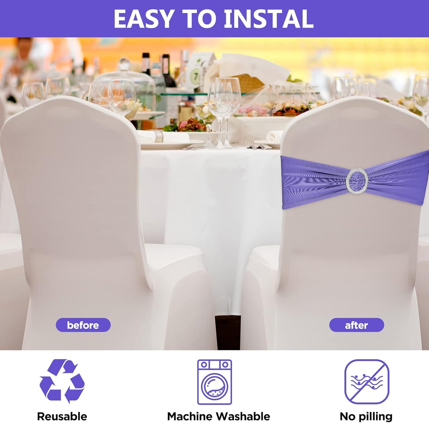 CHENGU 150 Pieces Spandex Stretch Chair Sashes Bows Elastic Chair Cover Bands Ties with Buckle Slider for Wedding Party Reception Events Universal Ceremony Banquet Decorations (Light Purple)