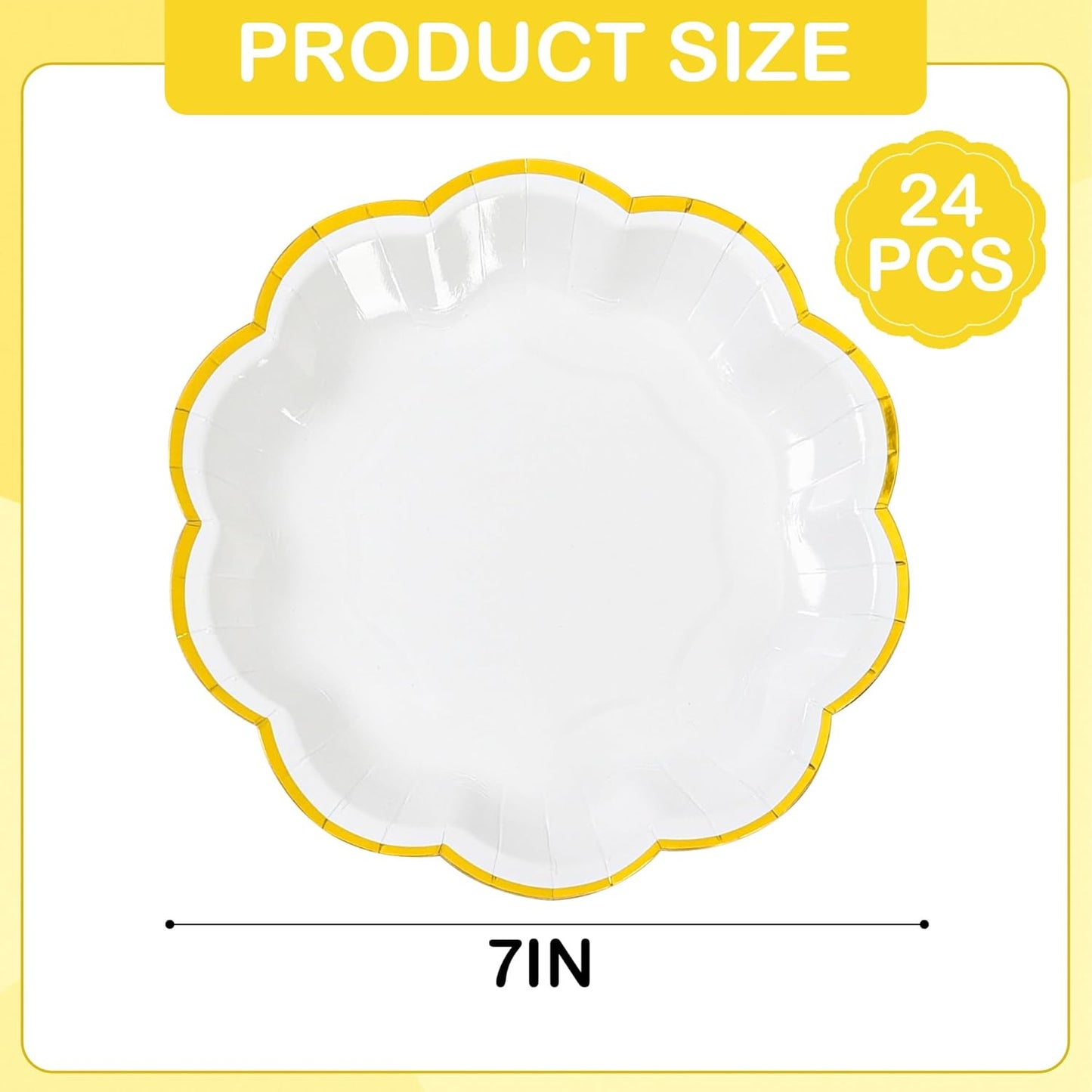 White Golden Party Plates Gold Foil Dessert Paper Plate 7inch Scalloped Edge Disposable Cake Plates for Tea Party Birthday Bridal Baby Shower Wedding Party Supplies (24, White)