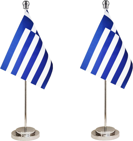 Greece Greek Deluxe Desk Flag Set Small Mini Miniature Greece Greek Table Desktop Flags,Festival Events Celebration,Office Decoration-2 Pack