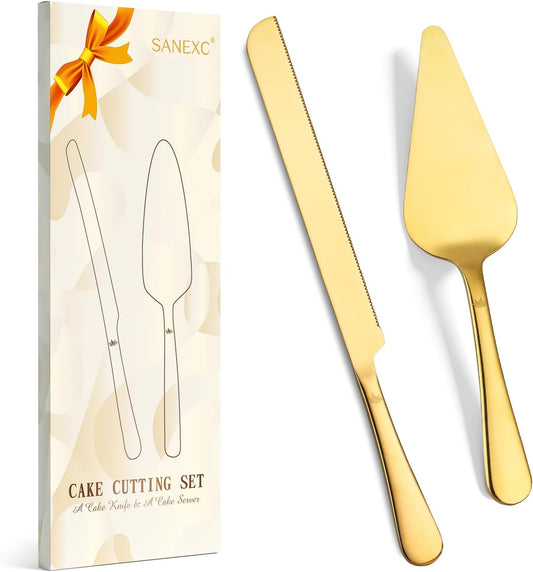 Cake Cutting Set for Wedding - Extended Cake Knife And Server Set Thickened Stainless Steel Cake Cutter and Pie Spatula Great for Birthday Anniversary Christmas Gift Gold 2 Pcs