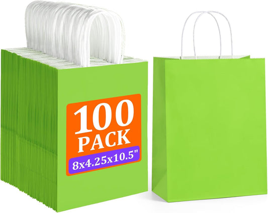 BagDream 8x4.25x10.5 Inch 100Pcs Green Gift Bags Medium, Kraft Paper Bags with Handles Bulk for Welcome Party Favors, Baby Shower, Goody, Treat, Retail, Grocery Paper Sacks