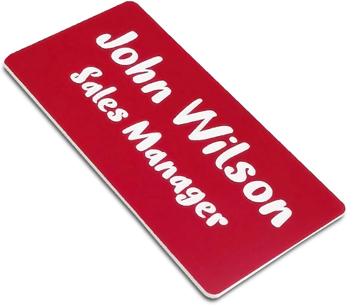 Custom Engraved Name Tag Badges for Business, Personalized Identification with Pin, Magnetic, Adhesive, or Blank Backing, 1.5"x3", Red/White Text