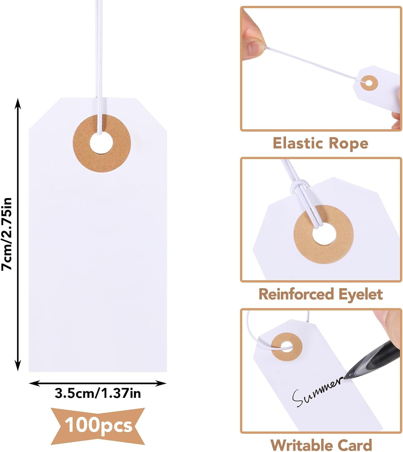 Prudiut 100 Pack Gift Tags with Elastic String White Price Tags Marking Hang Tag Attached Reinforced Hole Writable for Christmas Gifts Inventory Tag Stocking Stuffers 2.75'' x1.37''