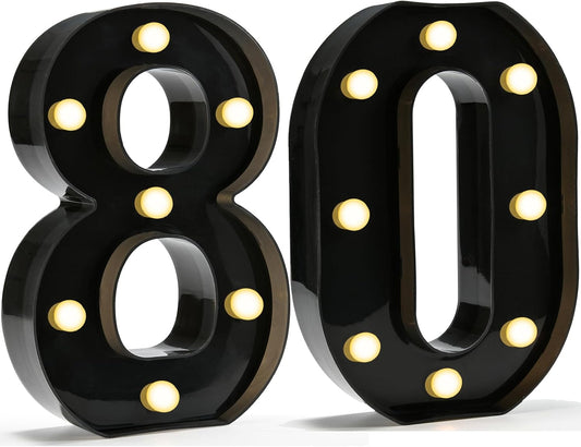 Pooqla Decorative Led Light Up Number Letters, Black Plastic Marquee Number Lights Sign for 80th Birthday Party Wedding Decor Battery Operated Black Decoration 80
