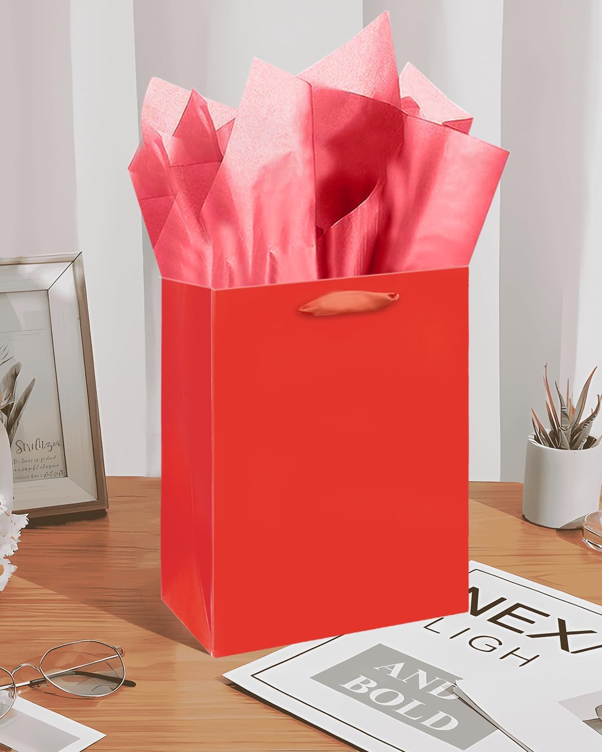 Gcardist Red Gift Bags with Tissue Paper for Wedding, Birthday, Party Supplies-7.9"x4.3"x9.6" Medium Size Cardboard Gift Bags（16pcs Bags +32pcs Tissue Paper ）